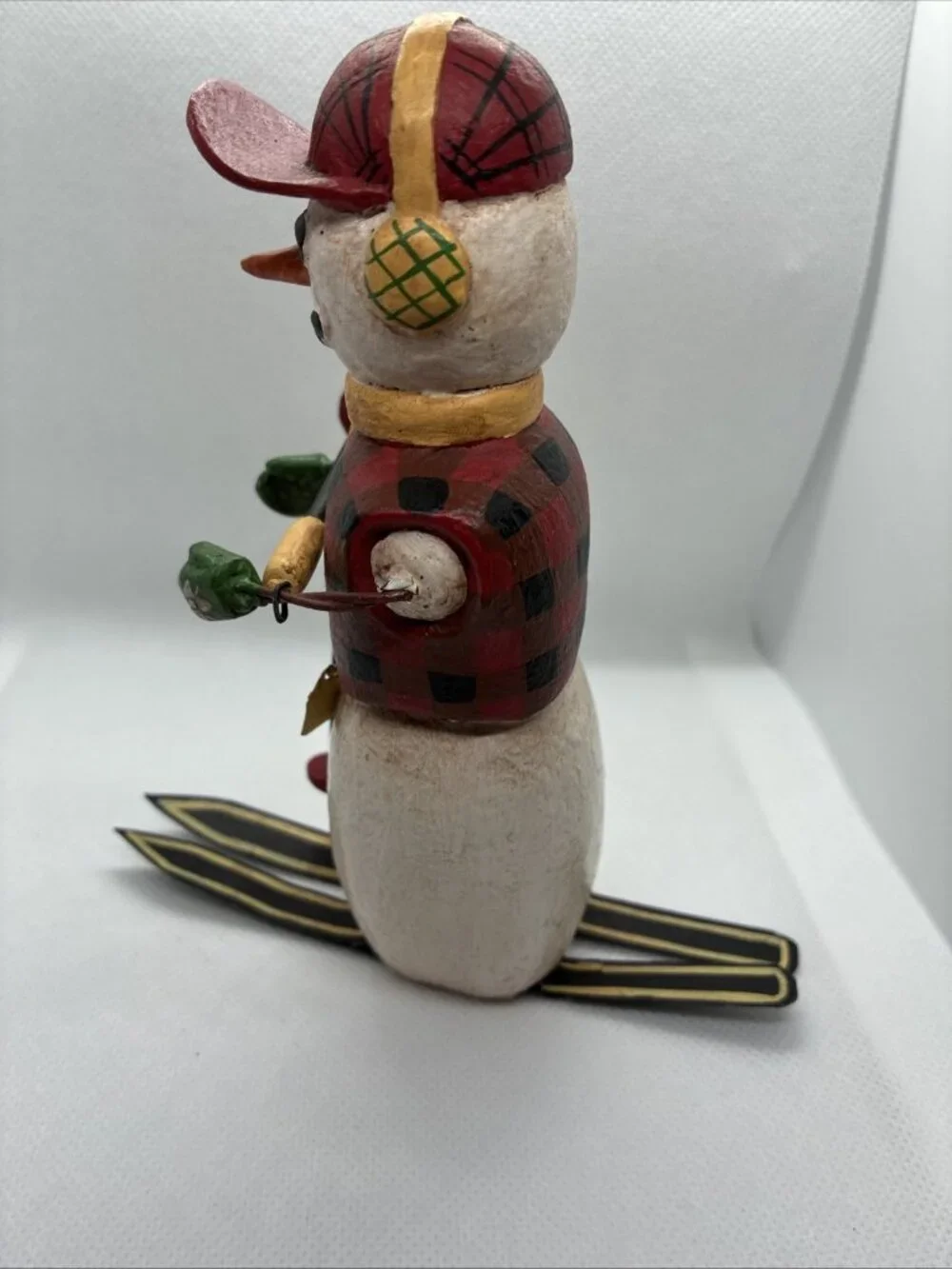 Handmade Wooden Snowman Skier Figurine Rustic Winter Christmas Decor Folk Art